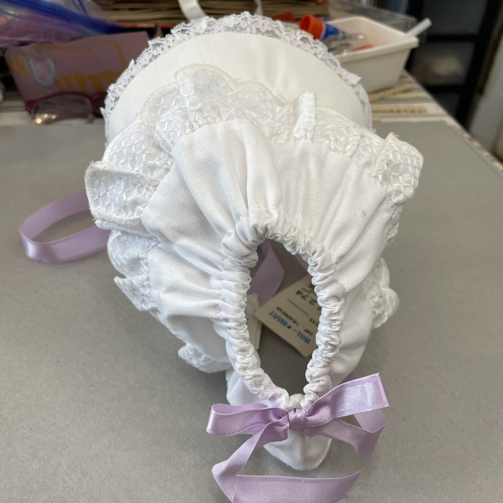 NWT White Baby Bonnet‎ Strap Eyelets Lace 14, Lavender Satin Chin Strap